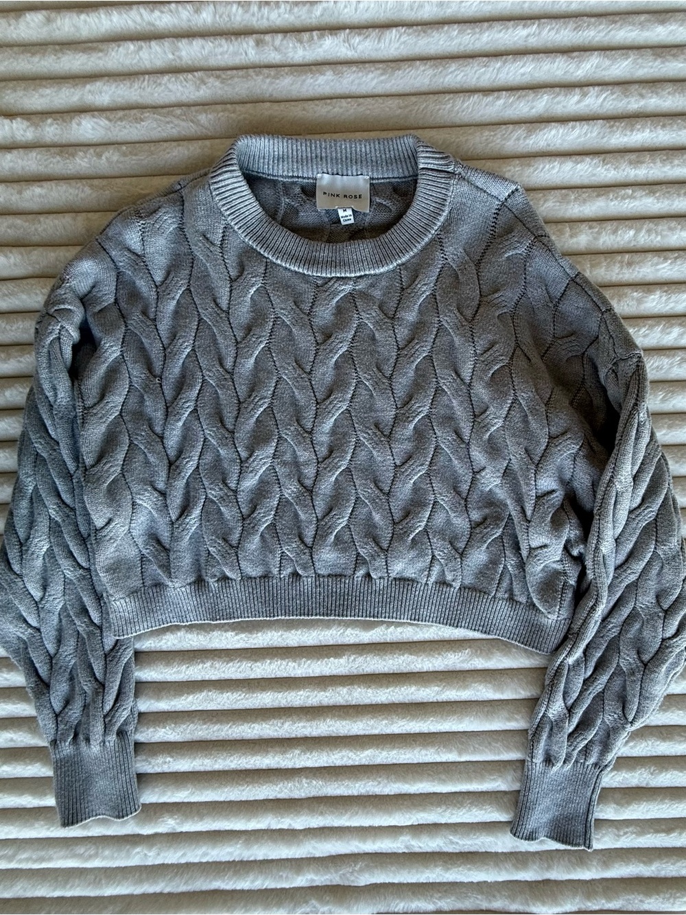 Pink Rose Gray Cropped Cable Knit Crewneck Sweater
